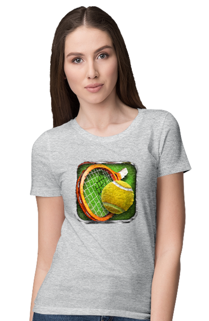 Women`s t-shirt with prints Tennis. Ball, ground tournament, london, players, prize fund, racket, sponsor, tennis, tournament grid. 2070702
