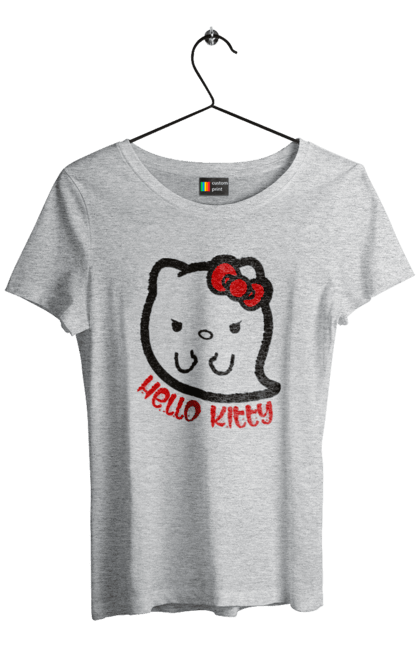 Футболка женская с принтом Хелло Китти Хэллоуин. Ghost, halloween, hello kitty, бренд, кот, котенок, персонаж, привидение, хелло китти, хэллоуин. 2070702