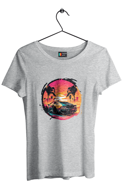 Футболка жіноча з принтом "Ламборджині Ретровейв". Авто, автомобиль, ламба, ламборджині, машина, машини, ретровейв. 2070702