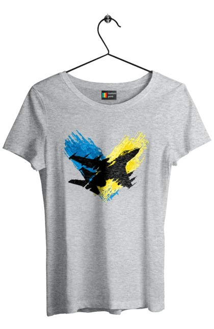 Women`s t-shirt with prints Airplane F 16. Aircraft f16, airplane, f16, flag, patriotic, ssu, with a flag. 2070702