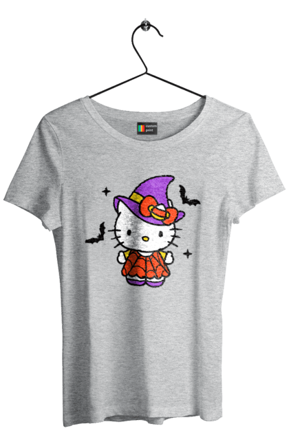 Women's t-shirt with prints Hello Kitty Halloween. Brand, cat, character, halloween, hello kitty, kitten, kitty, witch. 2070702