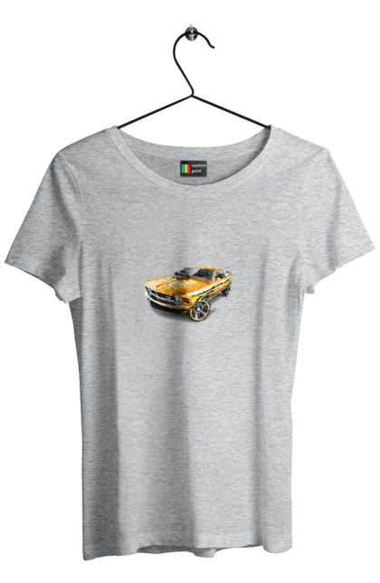 Футболка жіноча з принтом "Форд мустанг". Американська легенда, жовтий мустанг, культове авто, мустанг, потужне авто, форд мустанг, шелбі. 2070702