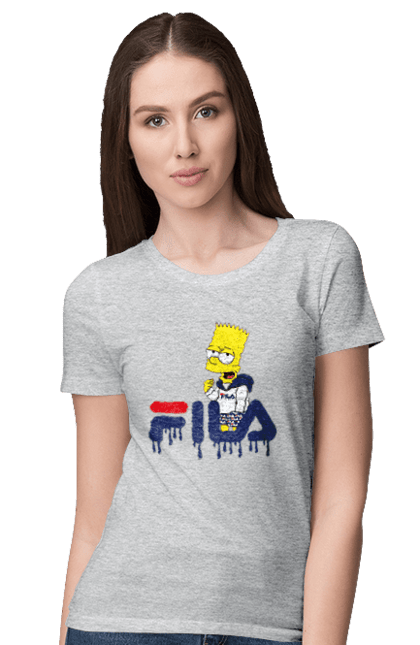 Футболка женская с принтом Барт FILA. Bart, simpsons, барт, мультфильм, симпсоны, спорт, спортивная одежда. 2070702