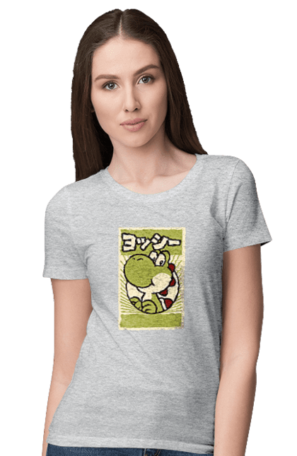 Women's t-shirt with prints Mario Yoshi. Character, dinosaur, games, mario, nintendo, super mario world, yoshi. 2070702