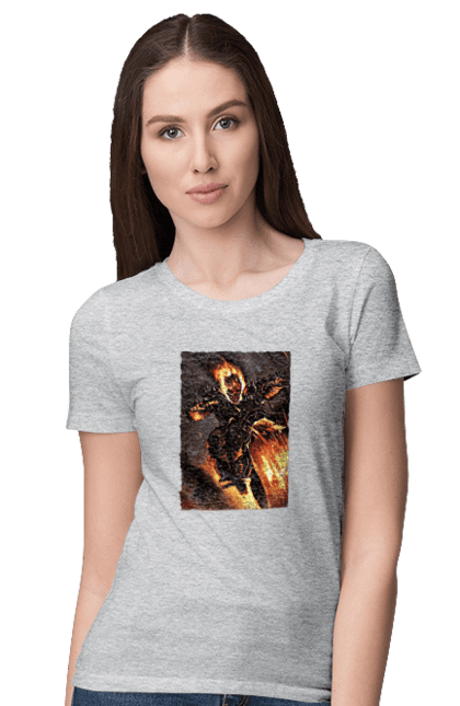 Футболка жіноча з принтом "Пекельний Гонщик". Вогонь, мотоцикл, пекельний гонщик, скелет, чоппер. 2070702