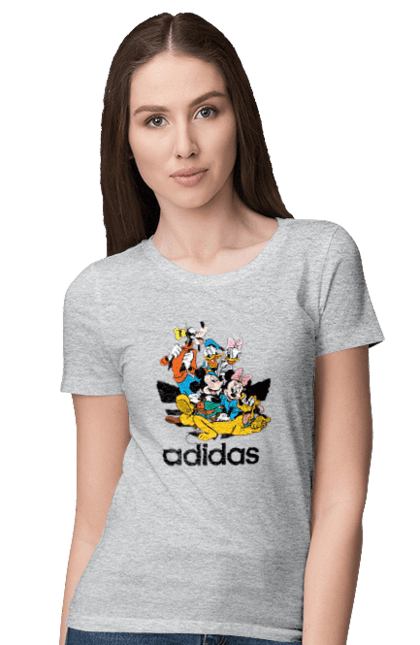 Футболка женская с принтом Adidas Микки Маус. Adidas, mickey mouse, адидас, дисней, микки, микки маус, мультфильм. 2070702