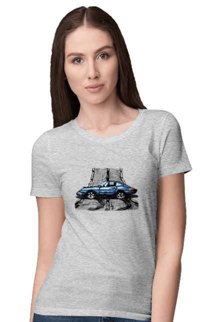 Women`s t-shirt with prints Sports Car On The Road. Blue, car, fast, race, sports. 2070702