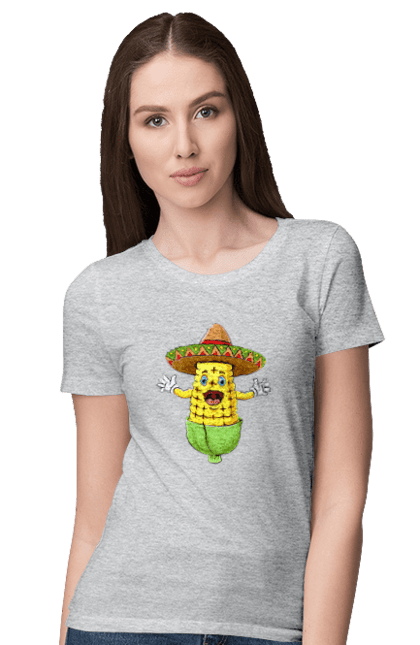 Women`s t-shirt with prints Sombrero Corn. Corn, food, sombrero. 2070702