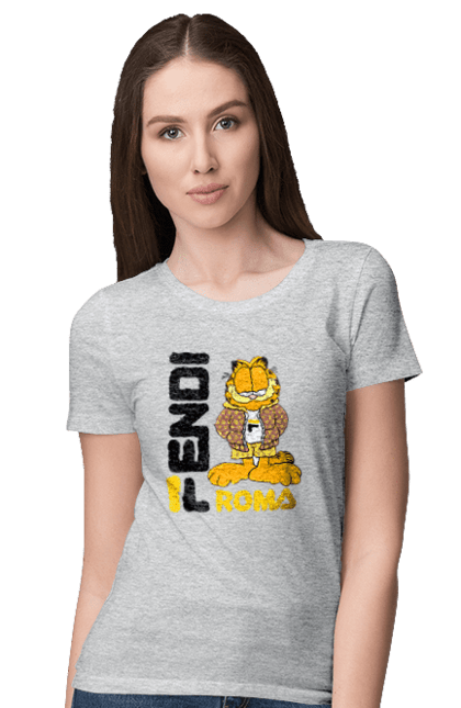 Футболка жіноча з принтом "Fendi Гарфілд". Fendi, garfield, бренд, будинок моди, гарфілд, італія, люкс, мода, сумка, фенді. 2070702