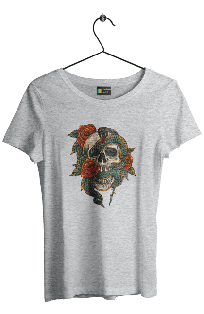 Women's t-shirt with prints Skull with a snake. Bones, flowers, roses, scales, scull, snake, spikes, teeth. 2070702