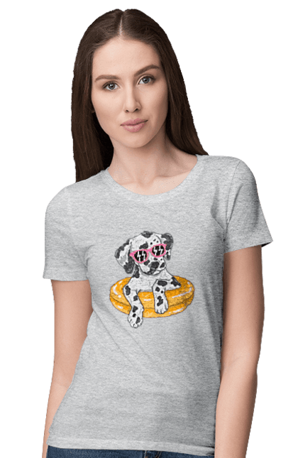 Women`s t-shirt with prints Dalmatian Swims In A Circle. Dalmatian, dog, glasses, to swim. 2070702