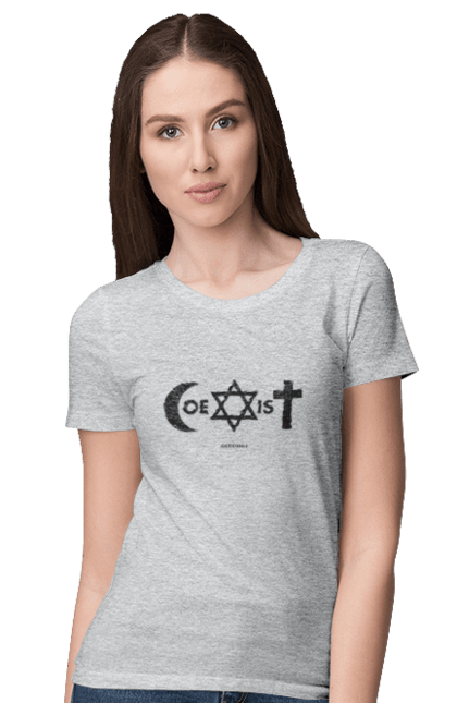 Футболка жіноча з принтом "Coexist". Coexist, іслам, іудаїзм, міжрелігійний діалог, релігія, рівність, символи віри, толерантність, християнство. 2070702