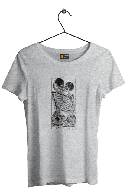 Women's t-shirt with prints Skeletons in love. Bones, kiss, love, scull, skeletons, tarot, teeth. 2070702