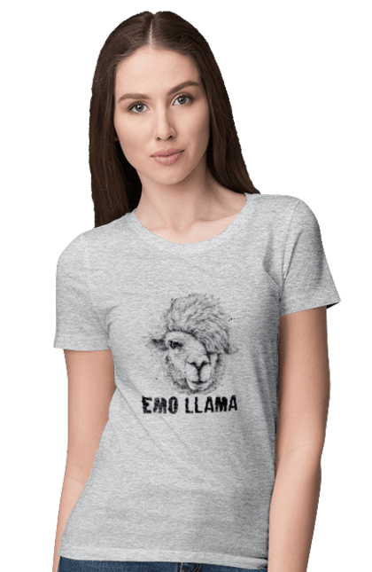 Футболка жіноча з принтом "Емо Лама". Alpaca, animals, distressed, emo, funny, llama, vintage, емо, лама. 2070702