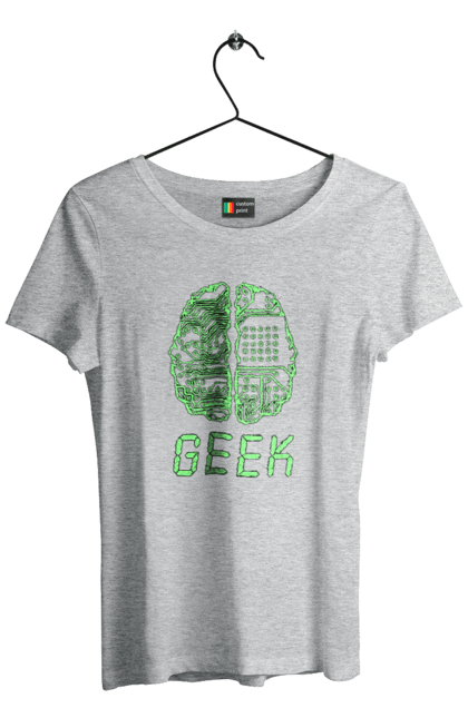 Футболка жіноча з принтом "Гик Мозок Неоновий". Айті, айтішник, гик, друкована плата, зелений, знання, інженер, кібер, кібернетика, кіборг, код, комп, комп’ютерник, кристал, мікросхема, мозок, неон, неоновий, програміст, професіонал, професія, розробник, розум, світиться, світло, чіп. 2070702