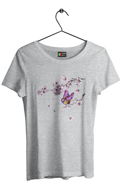 Women`s t-shirt with prints Butterfly And Sakura. Butterfly, sakura, spring, wood. 2070702