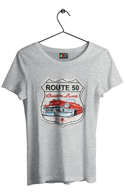 Women`s t-shirt with prints Route 50. Bike, biker, biker club, bikers club, brother, brutal, dude, hot asphalt, hot horse, hot rod, motorcycle, motorcyclist, real man, road 50, road 66, road 80, roads of america, roads of ukraine, roads we choose, speed, take, thirst for speed. 2070702