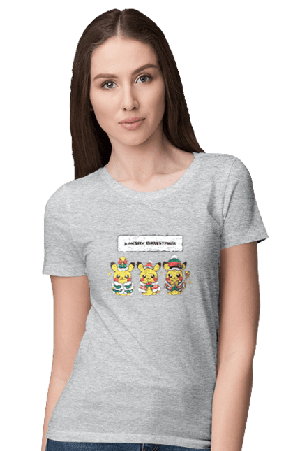 Women`s t-shirt with prints Pikachu Merry Christmas. Anime, christmas, game, manga, merry christmas, nintendo, pikachu, pokemon. 2070702
