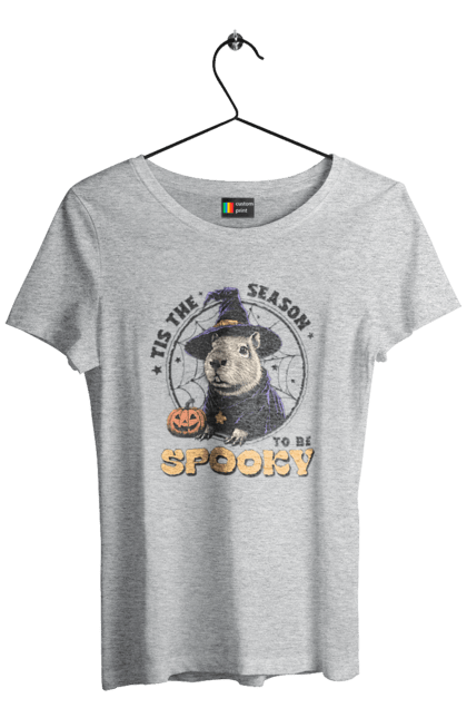 Футболка женская с принтом Капибара Хэллоуин. Capybara, halloween, ведьма, водосвинка, грызун, животное, капибара, праздник, тыква, хэллоуин. 2070702