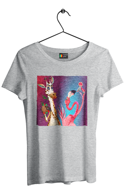 Women`s t-shirt with prints Giraffe And Flamingo At The Party. Cocktail, flamingo, food, giraffe. 2070702