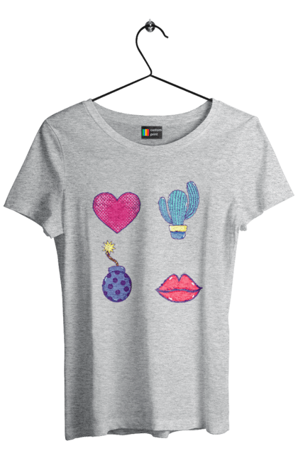 Women`s t-shirt with prints Heart, Cactus, Bomb, Lips. Bomb, cactus, lips. 2070702