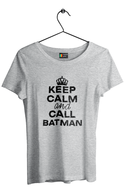 Футболка жіноча з принтом "Keep Calm and Call Batman чорна". Бетмен, з написами, зберігай спокій, меми, популярні, прикольні. 2070702