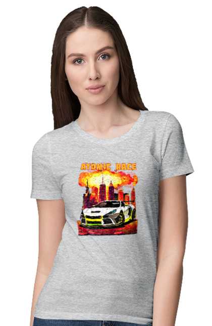 Women`s t-shirt with prints Atomic race. Atomic race, automobile, car, race, racing cars, sport car, sports car. 2070702