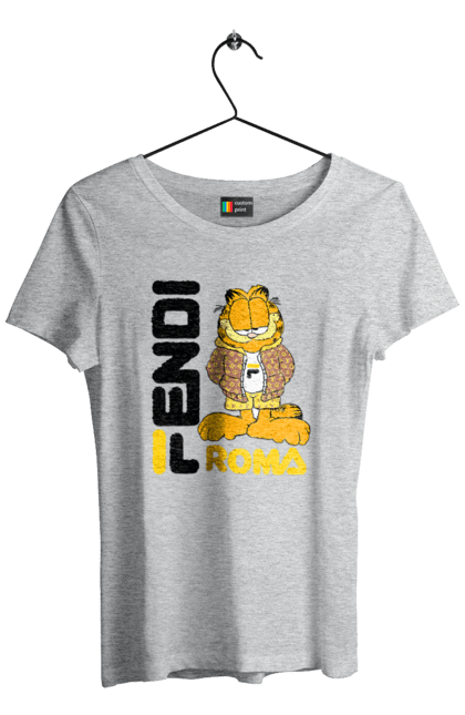 Футболка жіноча з принтом "Fendi Гарфілд". Fendi, garfield, бренд, будинок моди, гарфілд, італія, люкс, мода, сумка, фенді. 2070702