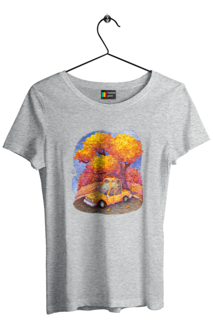 Футболка жіноча з принтом "Осiнь Авто Дерево". Дерево, жовтий мила ілюстрація, машина, осінь, помаранчевий. 2070702