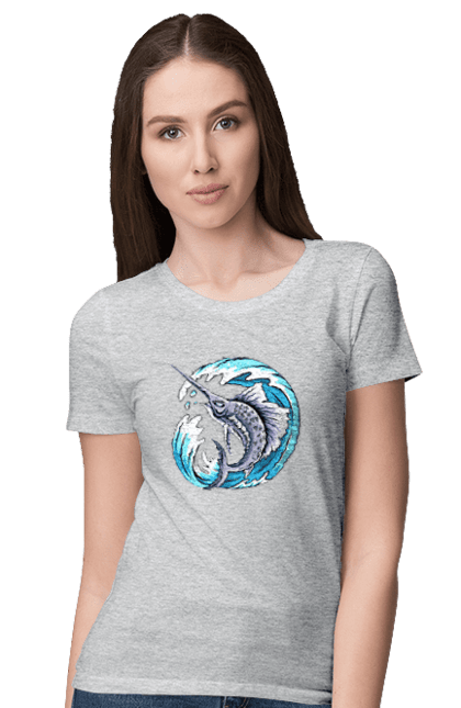 Women`s t-shirt with prints Fish Sword And Wave. Swordfish, wave. 2070702