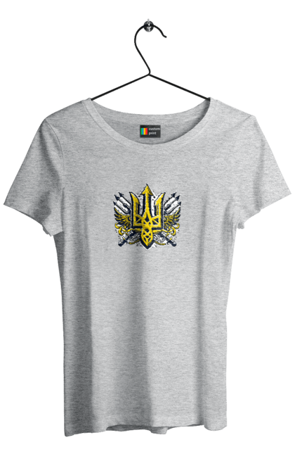 Футболка жіноча з принтом "Символіка україни". Герб, патріотичні зображення, символіка, тризуб, україна. 2070702