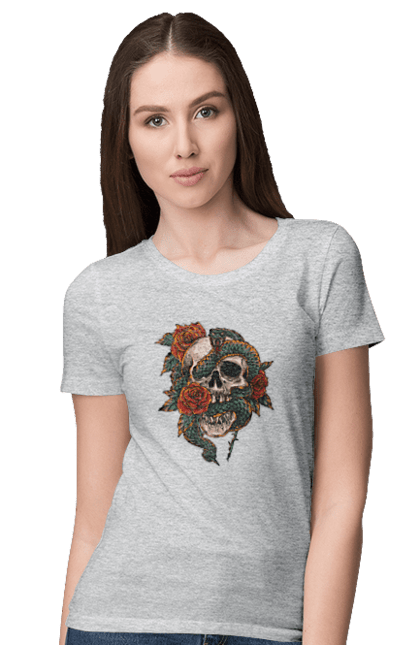 Women's t-shirt with prints Skull with a snake. Bones, flowers, roses, scales, scull, snake, spikes, teeth. 2070702