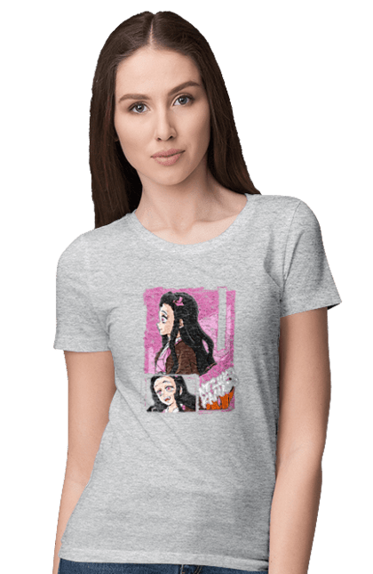 Women`s t-shirt with prints Demon Slayer Nezuko. Anime, demon slayer, kimetsu no yaiba, manga, nezuko, serial. 2070702