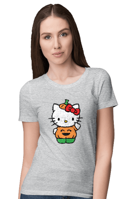 Футболка жіноча з принтом "Хелло Кітті Хелловін". Halloween, hello kitty, бренд, гарбуз, кошеня, персонаж, хелло кітті, хелловін. 2070702