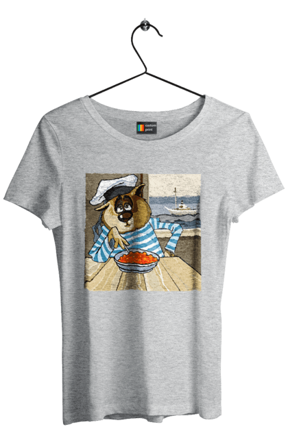 Women`s t-shirt with prints Cat Sailor, On The Ship Eats Red Caviar. Cat, caviar, sailor, ship. 2070702