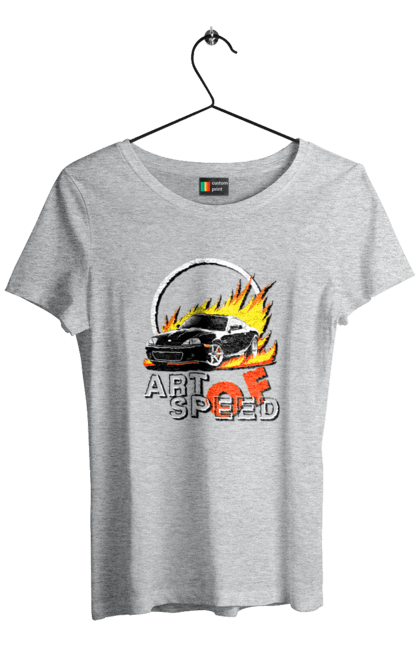 Women`s t-shirt with prints Car on fire. Auto, car on fire, drift, race, speed, sport, sports car. 2070702