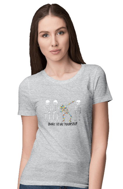 Women's t-shirt with prints Dare to be yourself. Be yourself, creativity, dancing skeleton, individuality, personality, self-expression, skeleton. 2070702