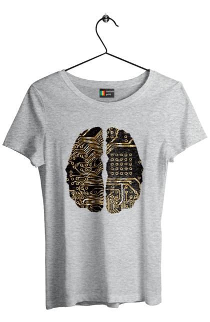 Футболка жіноча з принтом "Мозок Айті". Айті, айтішник, гик, знання, золотий, золото, інженер, кібер, кібернетика, кіборг, код, комп, кристал, мікросхема, мозок, програміст, професіонал, професія, розробник, розум, чіп. 2070702