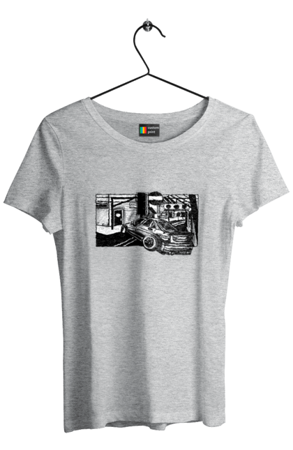 Women`s t-shirt with prints Dangerous Car on the roads of the streets. Black and white, car, dangerous, fast, machine, race. 2070702