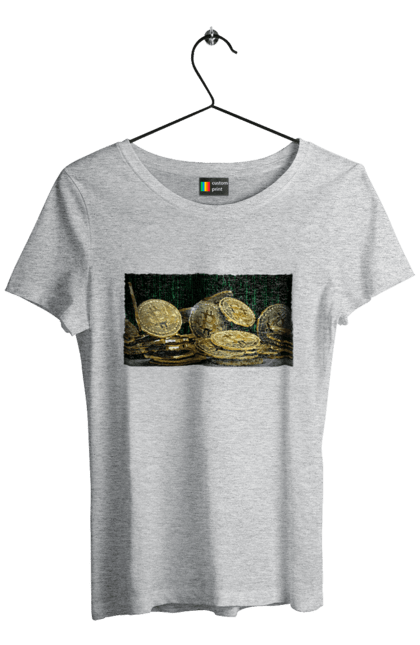 Футболка жіноча з принтом "Біткойн". Багатство, біткойн, валюта, гроші, криптовалюта, курс, майнінг, матриця, монета, розкіш, цифровий світ. 2070702