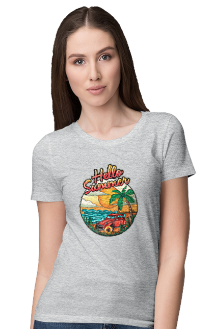 Women`s t-shirt with prints Hello Summer, Car By The Sea. Beach, island, palm, summer. 2070702