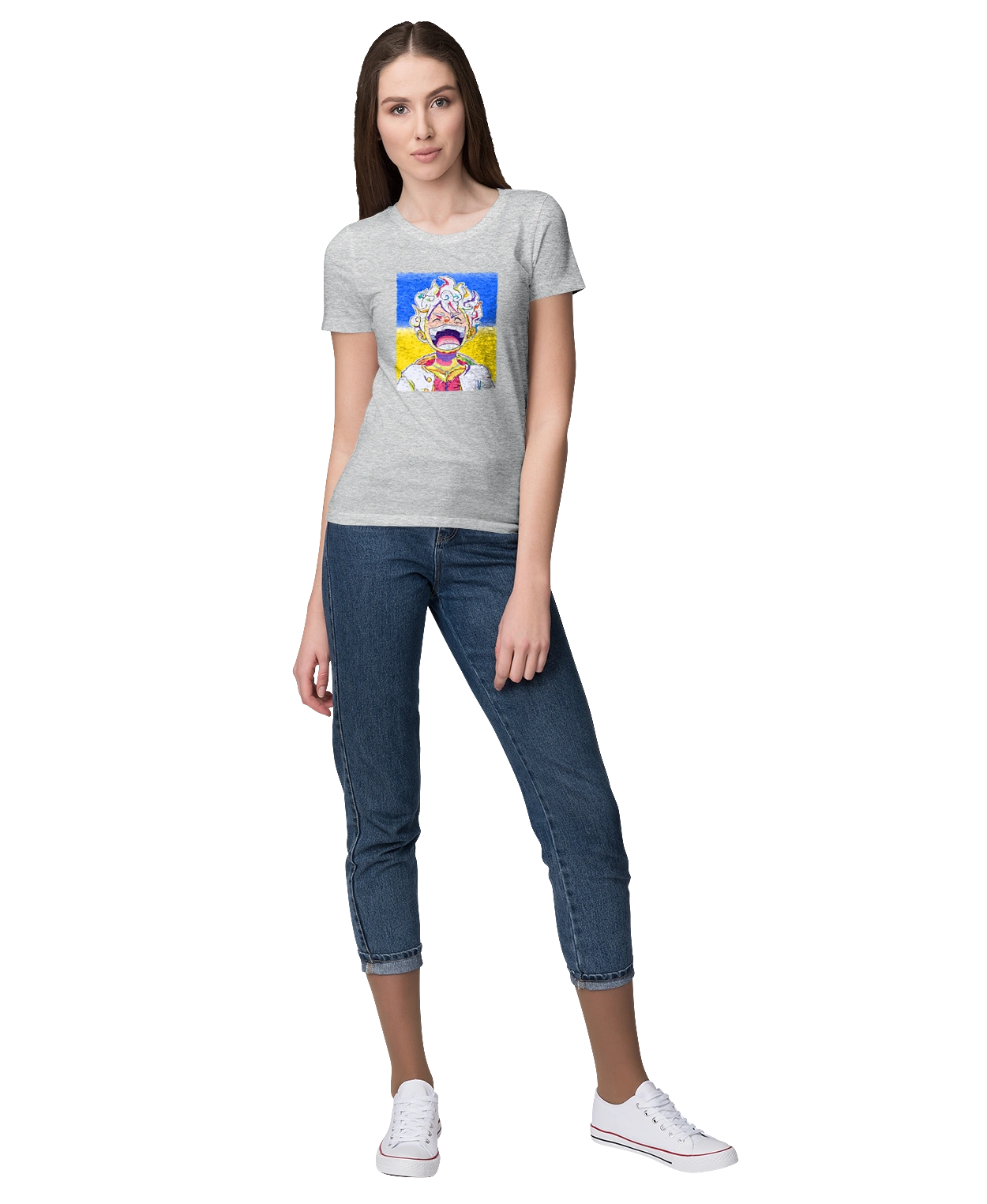 Monkey D Luffy laughing on a yellow blue background