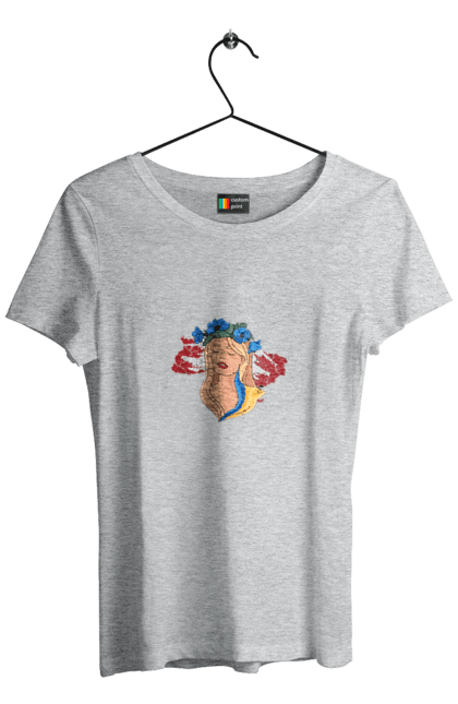 Футболка жіноча з принтом "Дівчина на карті України". Дівчина, дівчина на карті, жовтий, карта україни, квіти, прапор, синій, україна, червоний. 2070702