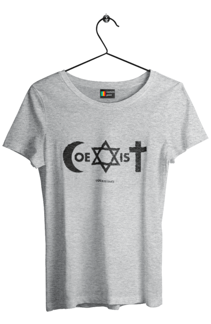 Футболка жіноча з принтом "Coexist". Coexist, іслам, іудаїзм, міжрелігійний діалог, релігія, рівність, символи віри, толерантність, християнство. 2070702