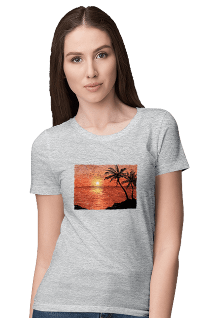 Women`s t-shirt with prints West Palm Sea. Palm trees, sea, shore. 2070702