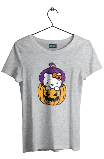 Футболка женская с принтом Хелло Китти Хэллоуин. Halloween, hello kitty, witch, бренд, ведьма, кот, котенок, персонаж, хелло китти, хэллоуин. 2070702