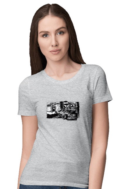 Women`s t-shirt with prints Dangerous Car on the roads of the streets. Black and white, car, dangerous, fast, machine, race. 2070702