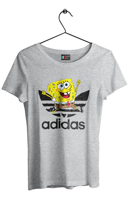 Футболка женская с принтом Adidas Губка Боб. Adidas, spongebob, адидас, баскетбол, губка боб, мультик, мультсериал, мяч, спанч боб, спорт. 2070702