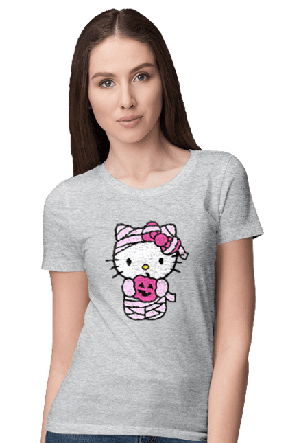 Women's t-shirt with prints Hello Kitty Halloween. Brand, cat, character, halloween, hello kitty, kitten, kitty, mummy. 2070702