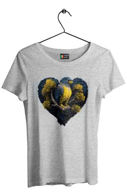Women`s t-shirt with prints Blue and yellow falcon. Falcon, flag of ukraine, heart, symbol of ukraine, tree, ukraine. 2070702